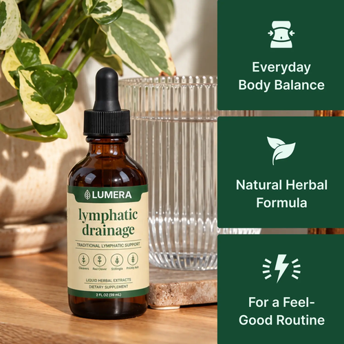 Lumera Lymphatic Support Drops on a sunny shelf